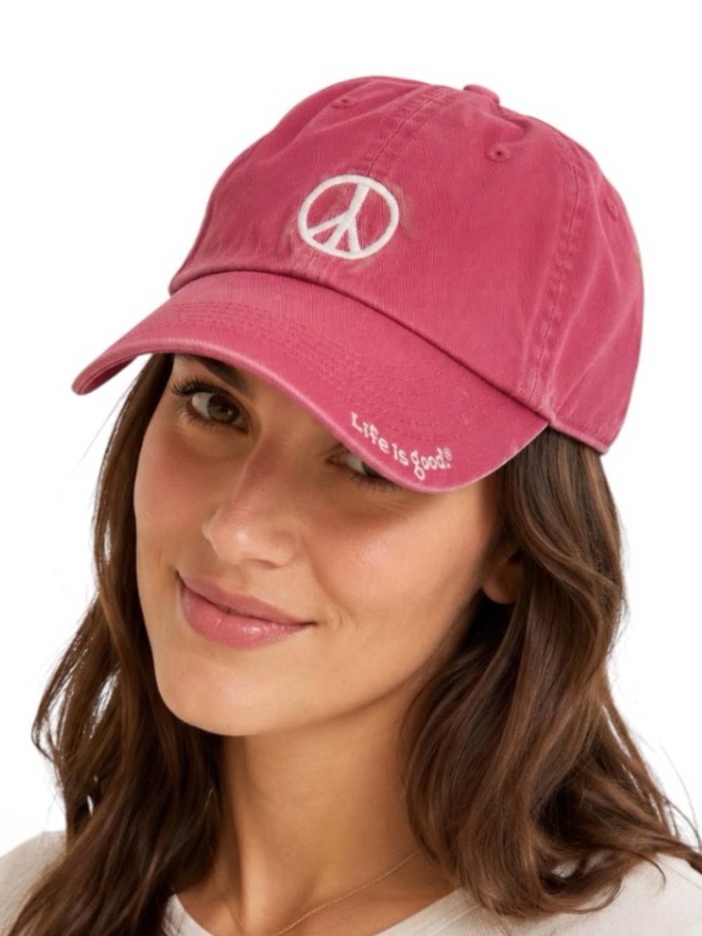 Life Is Good Washed Rose / Pink Baseball Hat White Peace Sign Cap 100% Cotton